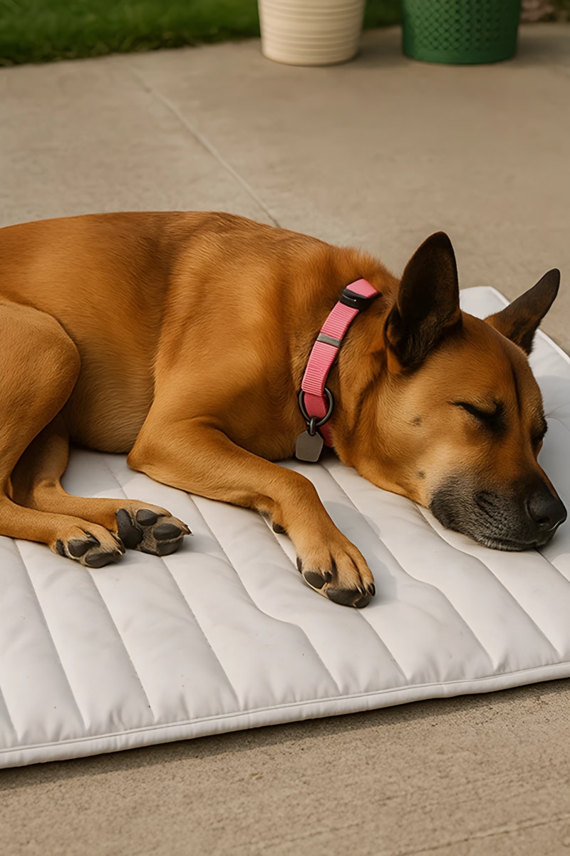 Happy dog lying comfortably on ChillPaws cooling mat in outdoor setting with satisfied relaxed expression
