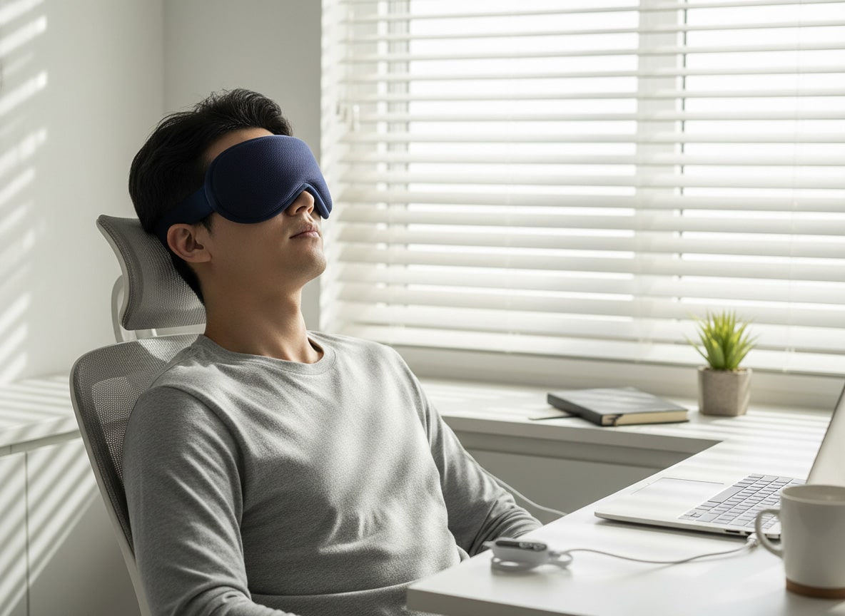 Professional person taking break with eye mask at desk showing workplace wellness