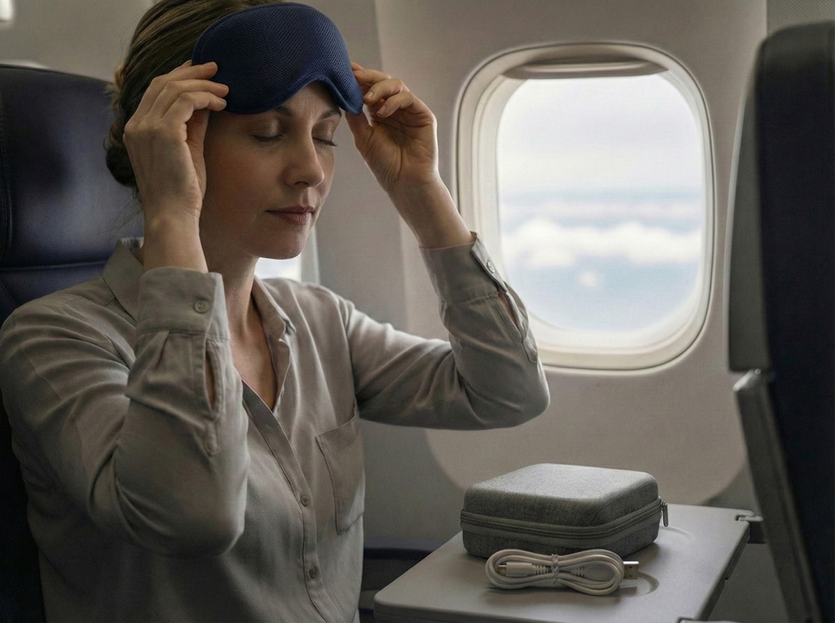 Person enjoying relaxing spa-like experience with heated eye mask in serene environment