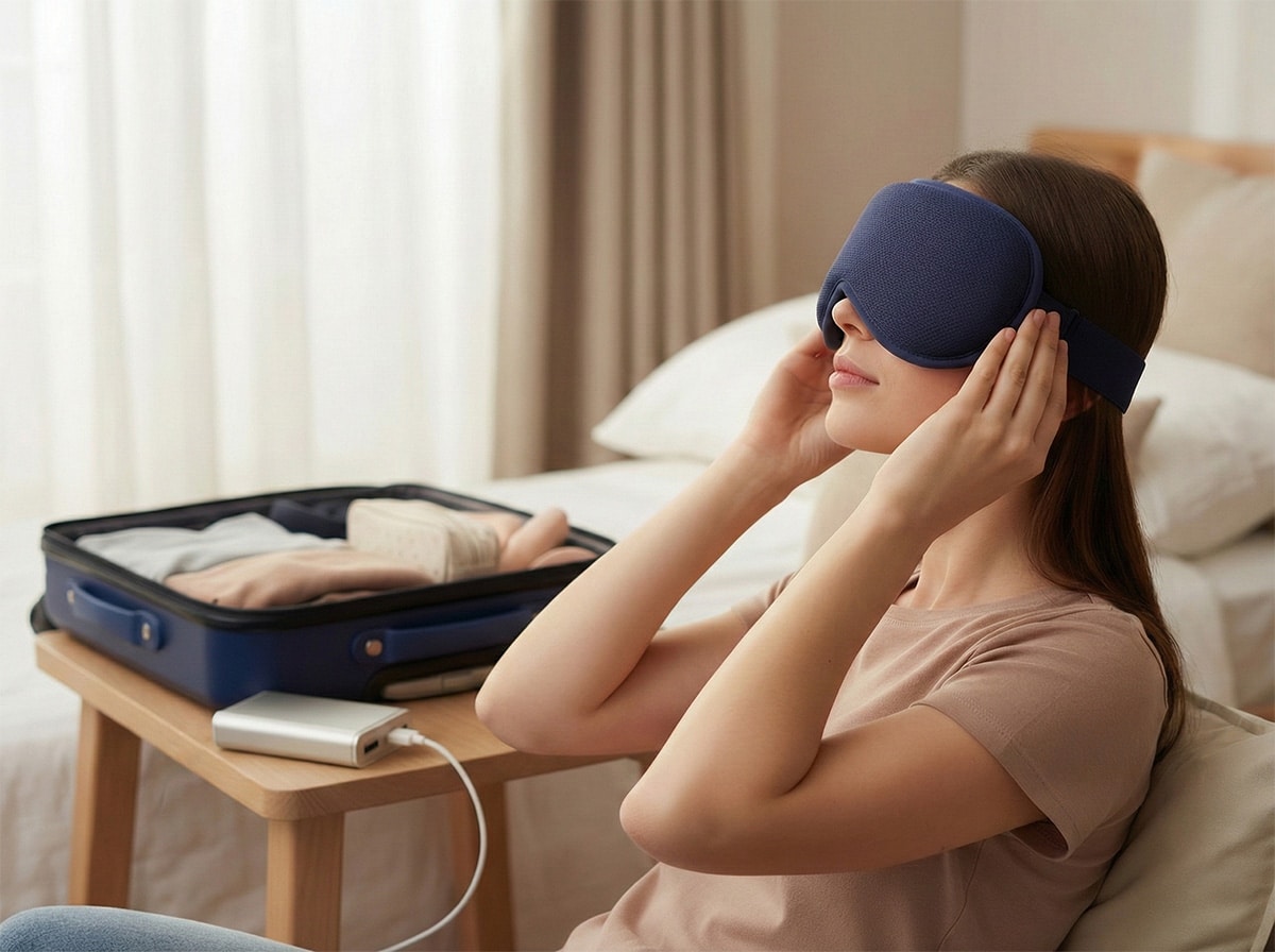 User connecting USB cable to heated eye mask demonstrating simple setup process
