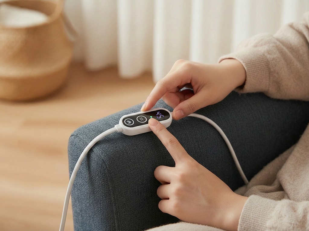 Close-up of temperature control buttons showing three adjustable heat settings