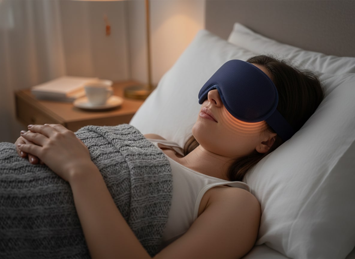 Person relaxing peacefully wearing heated eye mask in comfortable home setting